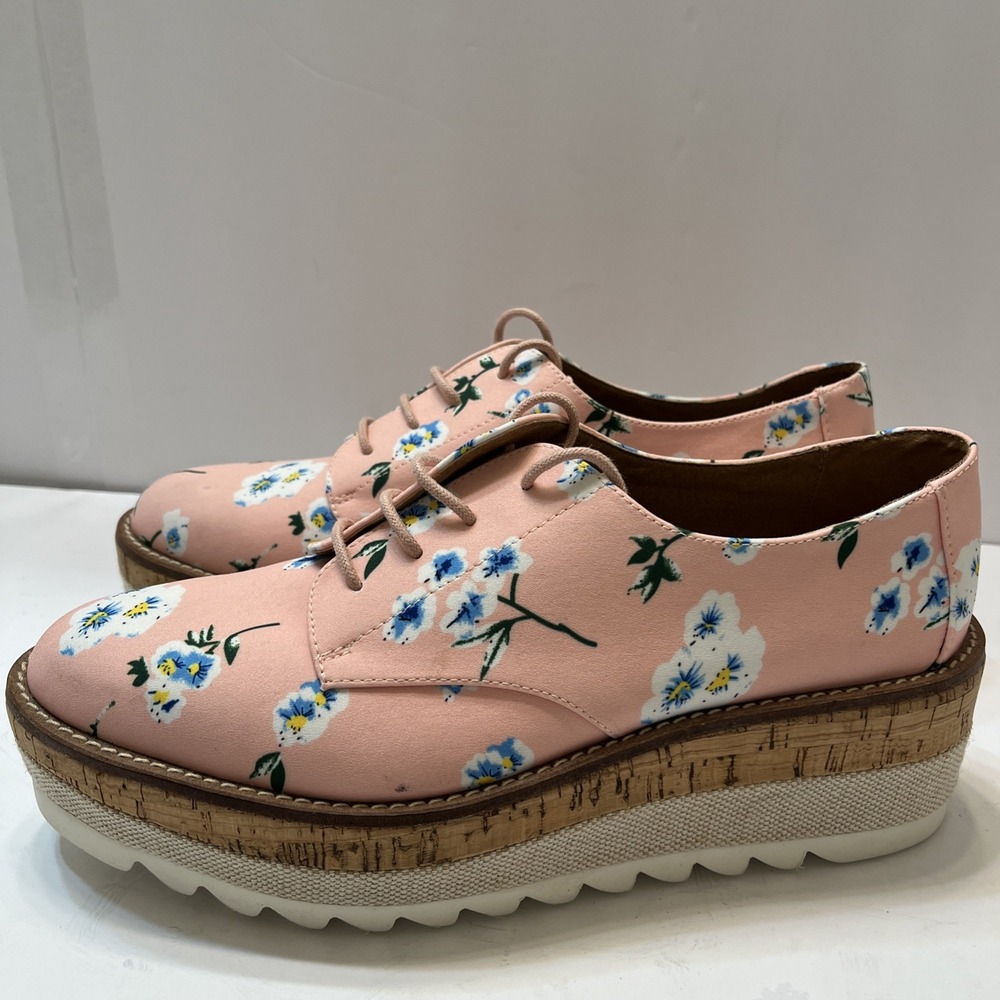 Jane And The Shoe Women's 8.5 Pink Floral Lace Up Cork Wedge Oxford NWOB